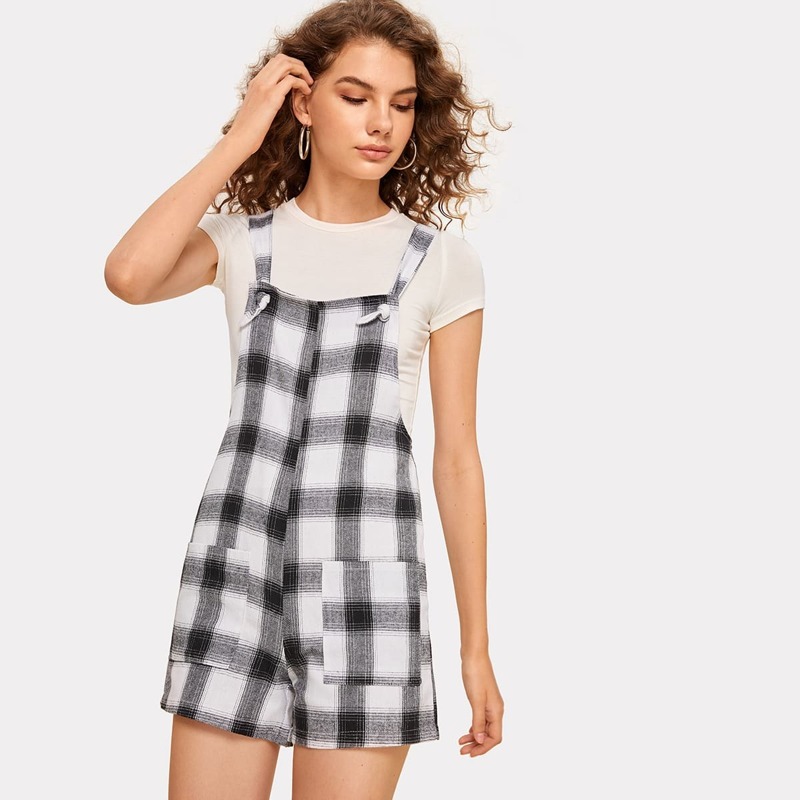 

Plaid Print Dual Pocket Romper Without Bag, Black and white