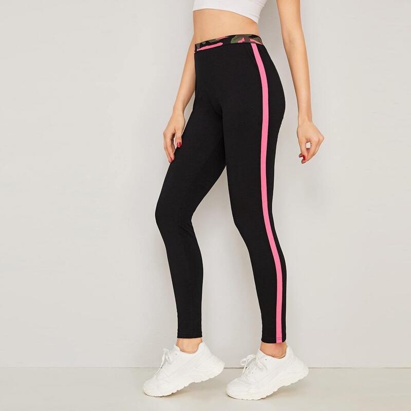 

Contrast Panel Camo Waist Skinny Leggings, Black
