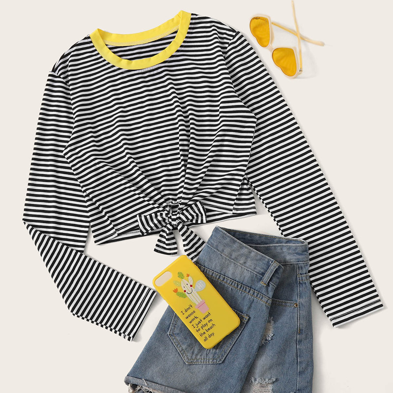 

Contrast Binding Striped Knot Hem Tee, Black and white