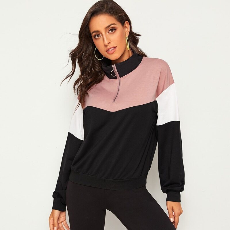 

O-ring Zip Half Placket Contrast Panel Sweatshirt, Multicolor
