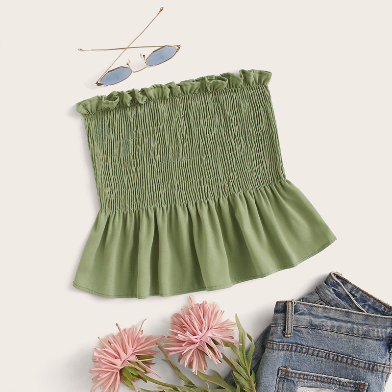 

Frill Shirred Ruffle Hem Tube Top, Green