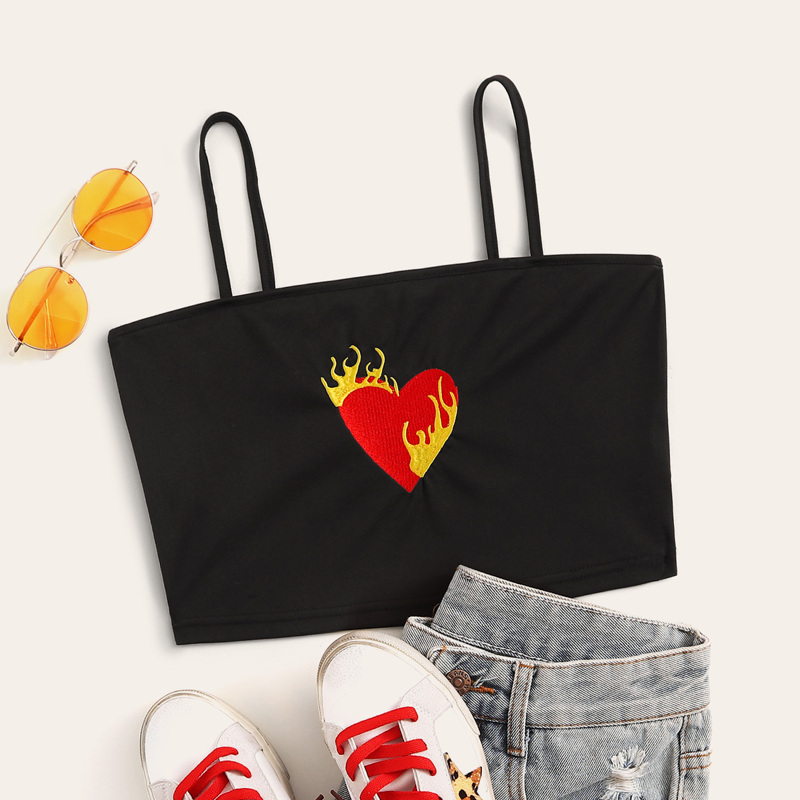 

Heart Embroidery Crop Cami Top, Black