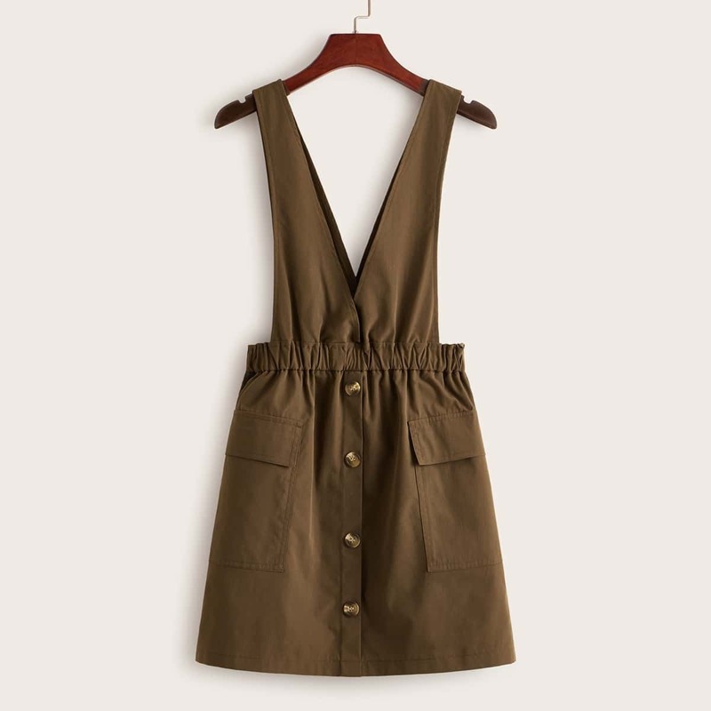 

Solid Button Front Pinafore Dress, Brown