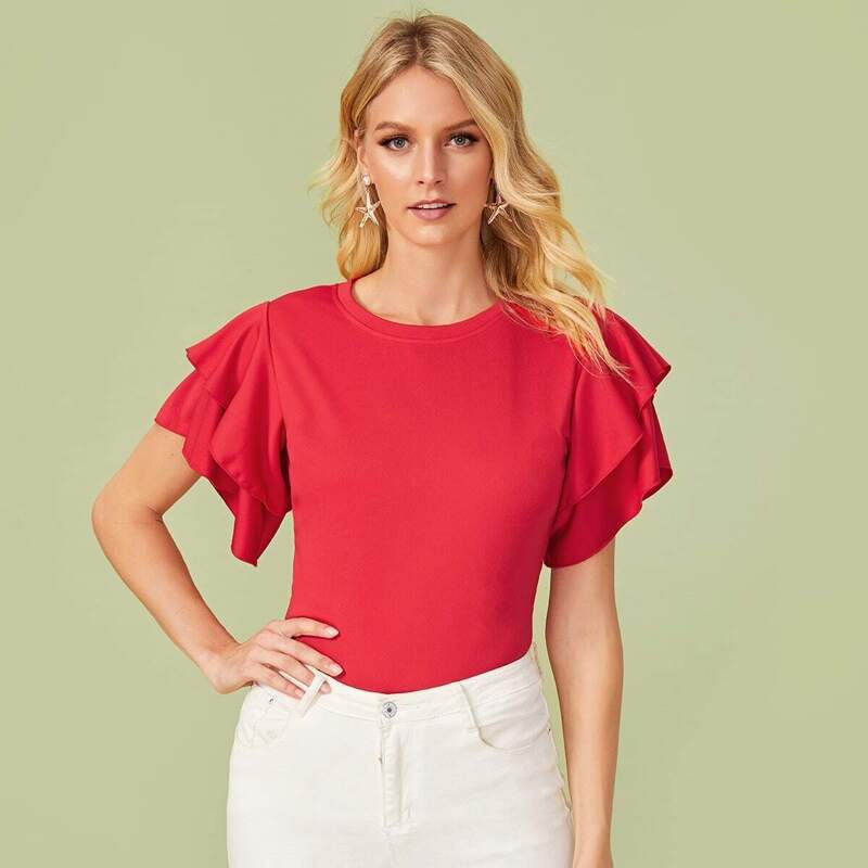 

Solid Butterfly Sleeve Round Neck Tee, Red