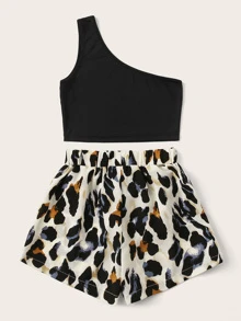 Top con un hombro con shorts de leopardo con cordón delantero - Multicolor - Ver 2