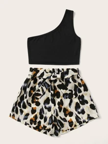 Top con un hombro con shorts de leopardo con cordón delantero - Multicolor - Ver 3