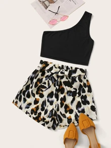 Top con un hombro con shorts de leopardo con cordón delantero - Multicolor - Ver 1