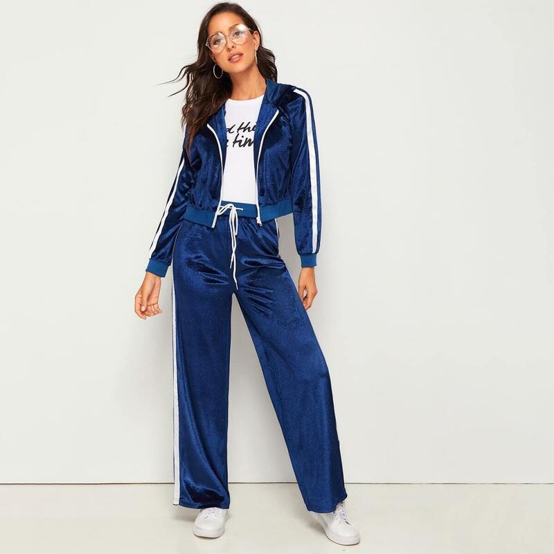 

Contrast Panel Zip Up Hooded Velvet Jacket With Drawstring Waist Pants, Navy blue