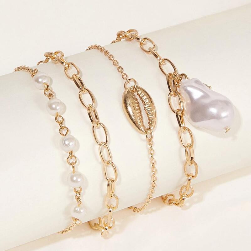 

Shell & Faux Pearl Decor Chain Bracelet 4pcs, Gold