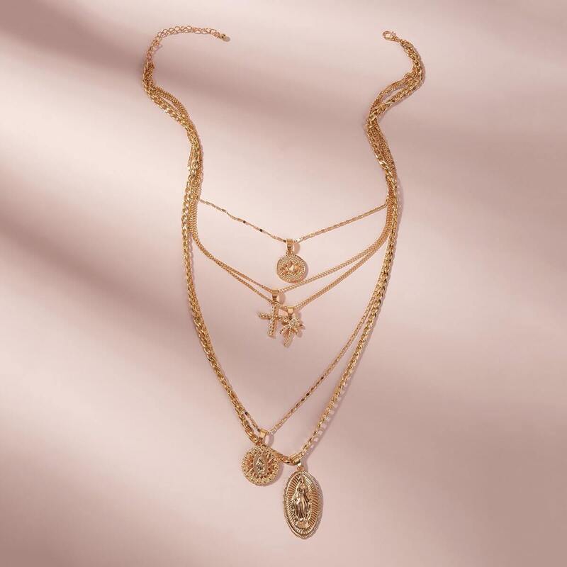 

Coin & Cross Charm Layered Necklace 1pc, Gold