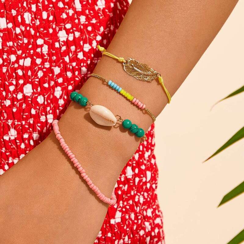 

Leaf & Shell Charm Bracelet 4pcs, Multicolor