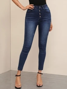 Jeans ajustados con botón delantero con lavado oscuro - Azul Marino - Ver 4