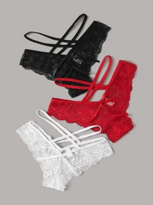 SHEIN 花卉蕾丝镂空内裤套装 3 件装性感内衣 - 彩色 - 查看 3