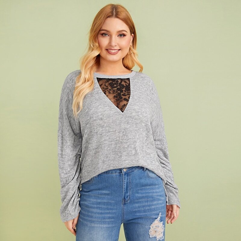 

Plus Contrast Mesh Embroidery Drop Shoulder Sweater, Grey