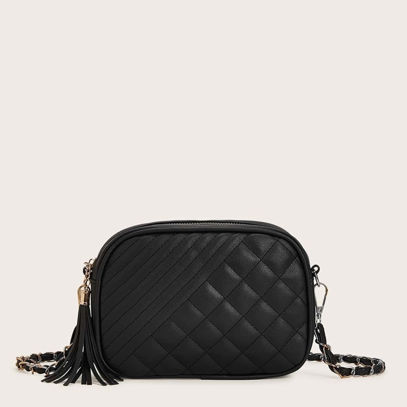 

Tassel Decor Quilted Chain Bag, Black