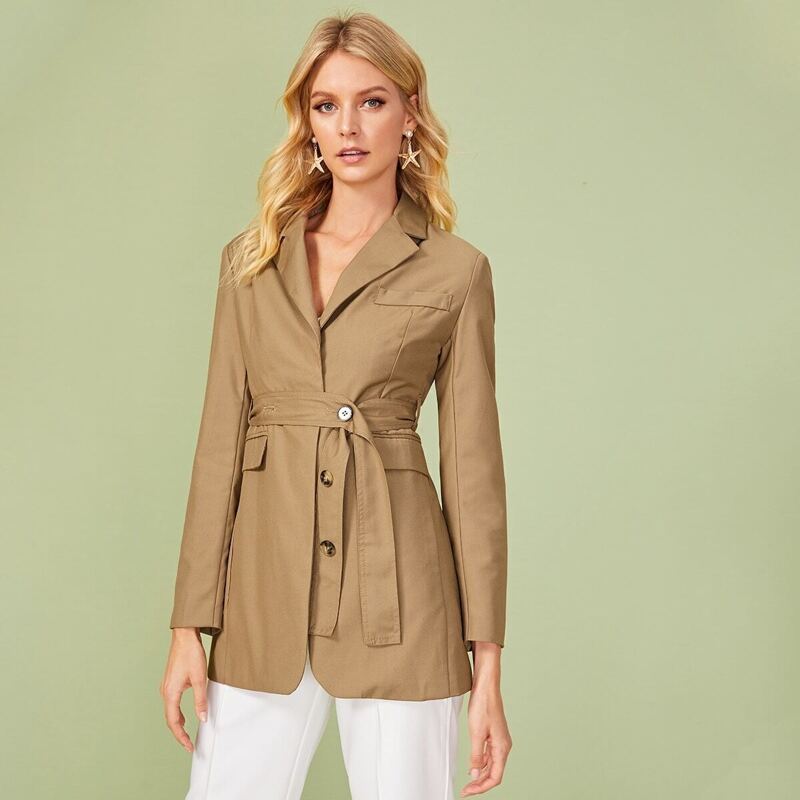 

Double Button Lapel Belted Blazer, Brown