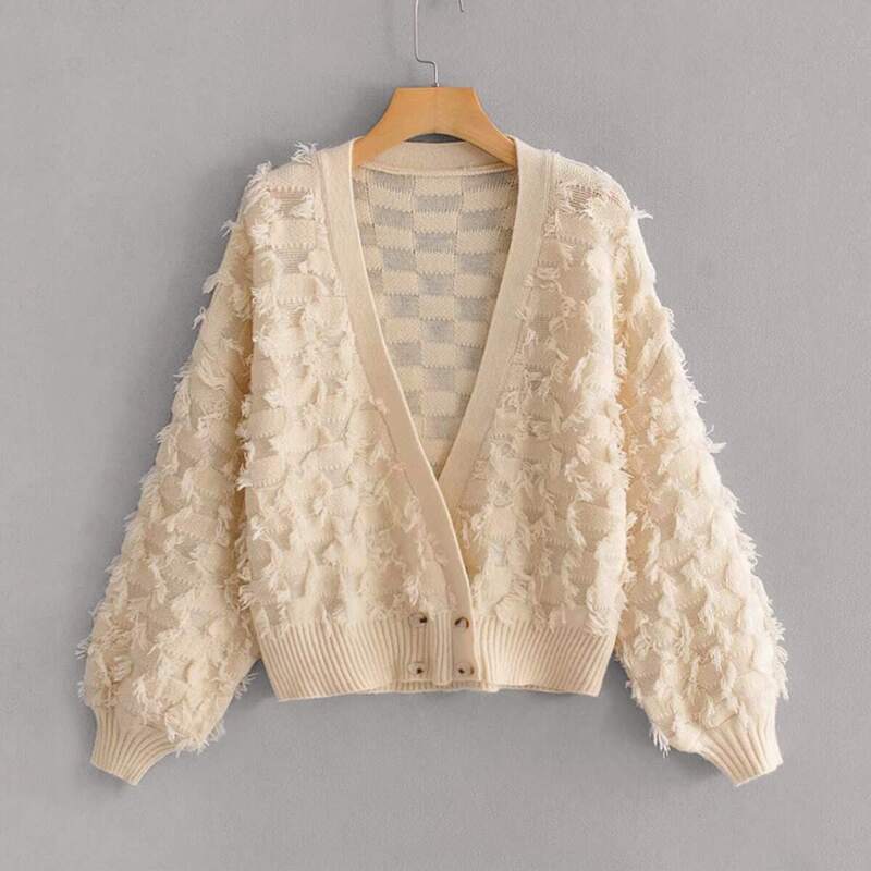 

Dropped Shoulder Frayed Detail Cardigan, Beige