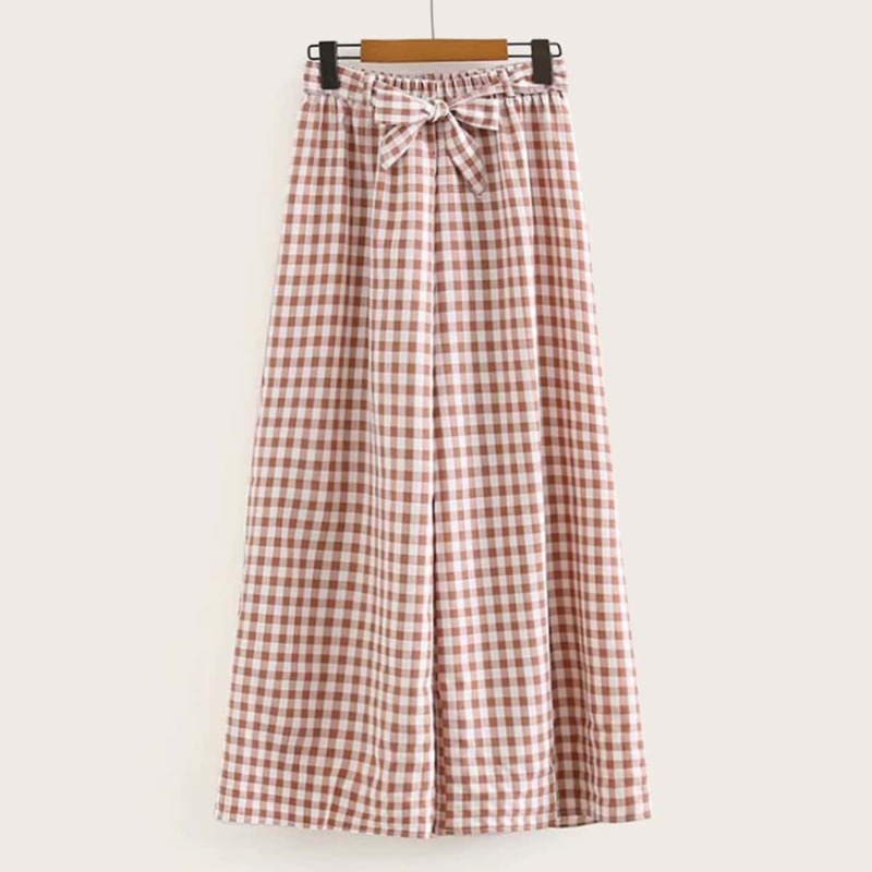 

Gingham Wide Leg Belted Pants, Brown