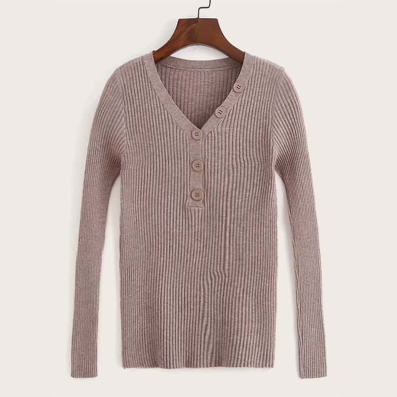 

Button Front Ribbed Half Placket Sweater
