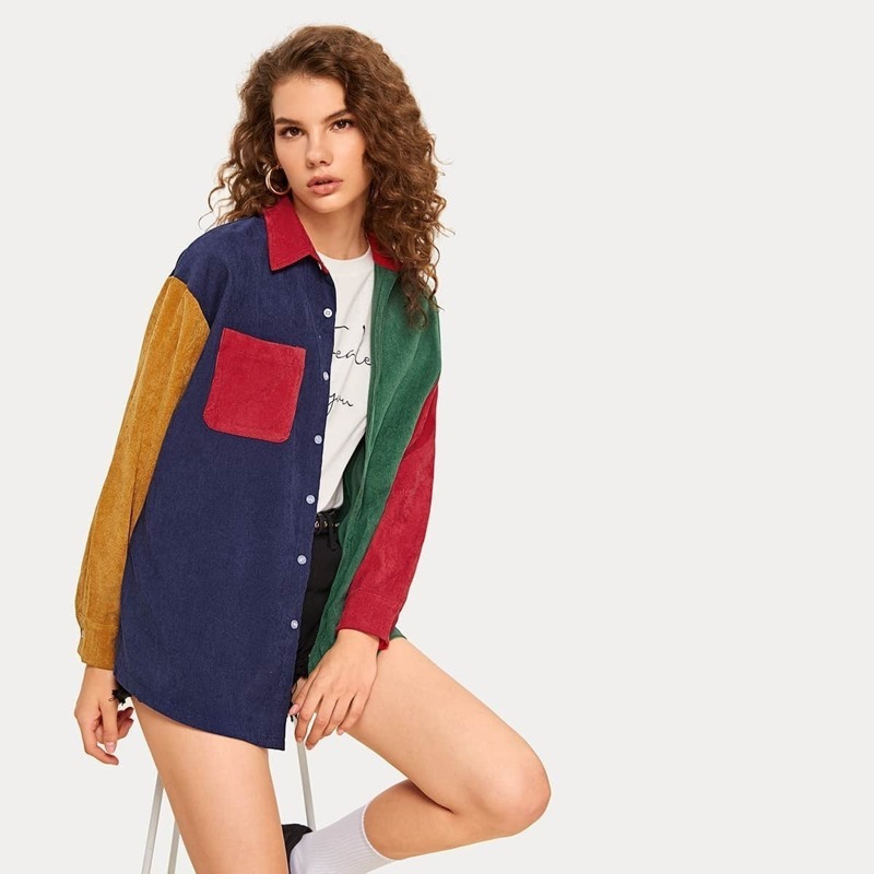

Contrast Panel Single Breasted Corduroy Outerwear, Multicolor