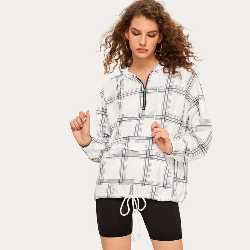 

Kangaroo Pocket Plaid Drawstring Hoodie, White