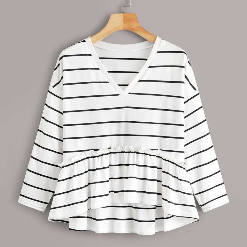

V-neck Stripe Ruffle Hem Tee, Black and white