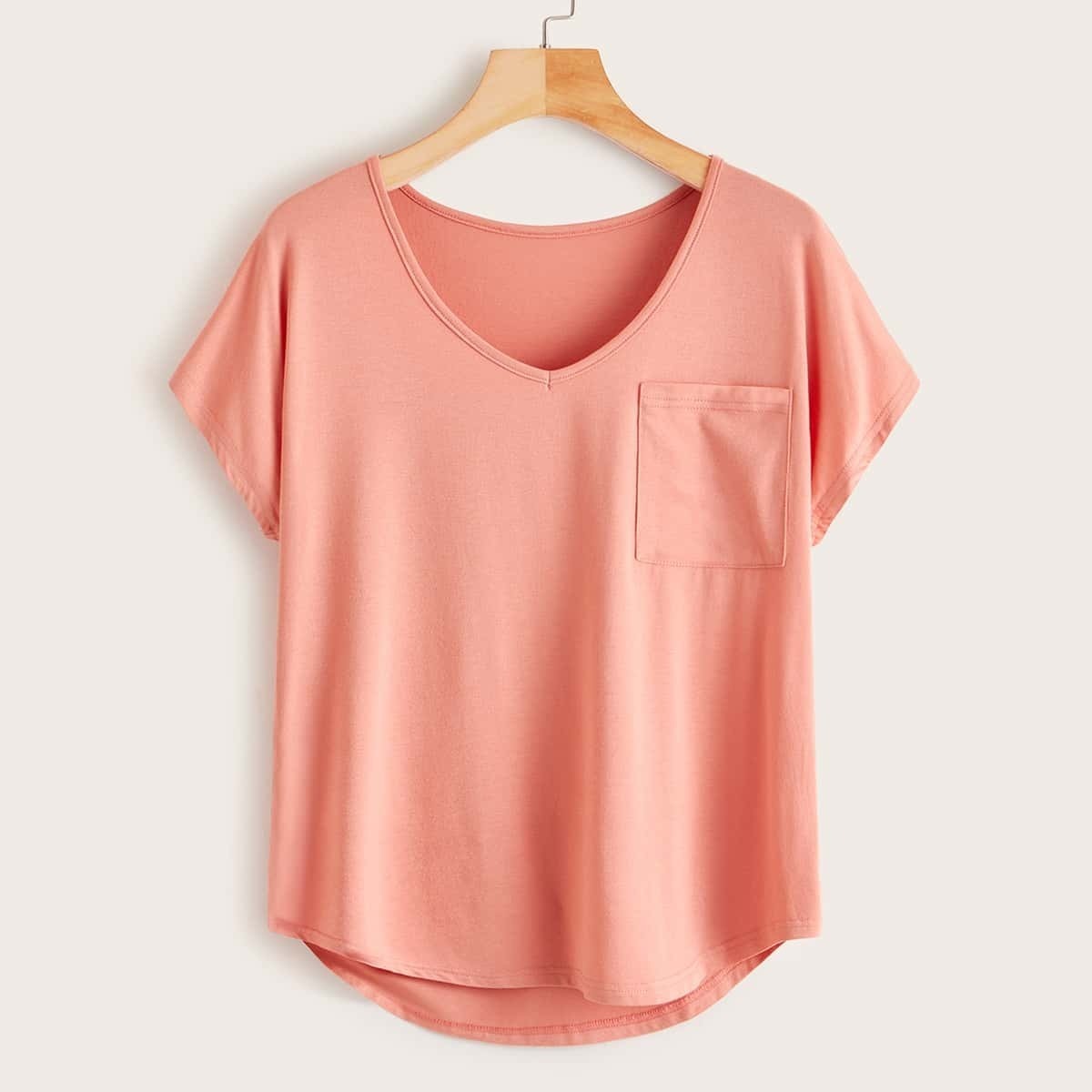 

V-neck Pocket Front Solid Tee, Pink