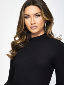 SHEIN Essnce Mock-neck Form Fitted Rib-knit Tee - Black - View 3