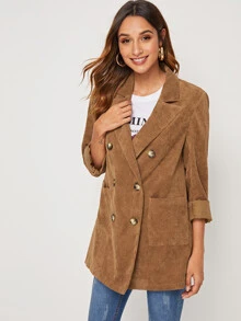 SHEIN Notched Collar Double Breasted Pocket Patched Cord Coat - Camel - View 5
