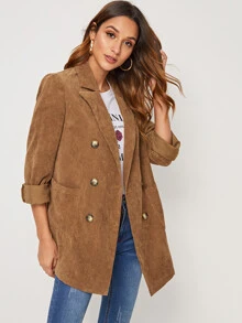 SHEIN Notched Collar Double Breasted Pocket Patched Cord Coat - Camel - View 1