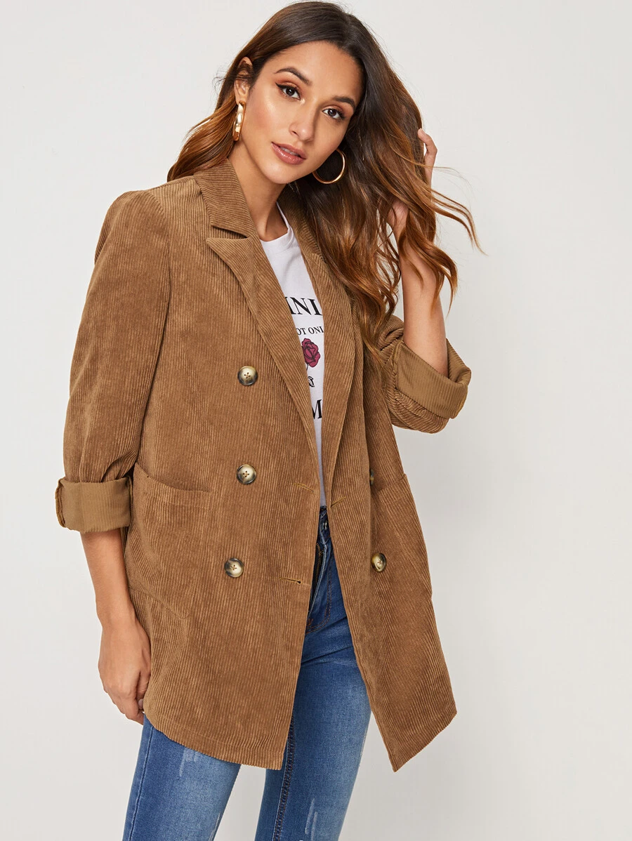 SHEIN Notched Collar Double Breasted Pocket Patched Cord Coat - Camel - View 1