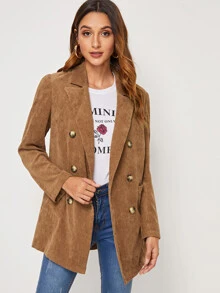 SHEIN Notched Collar Double Breasted Pocket Patched Cord Coat - Camel - View 3