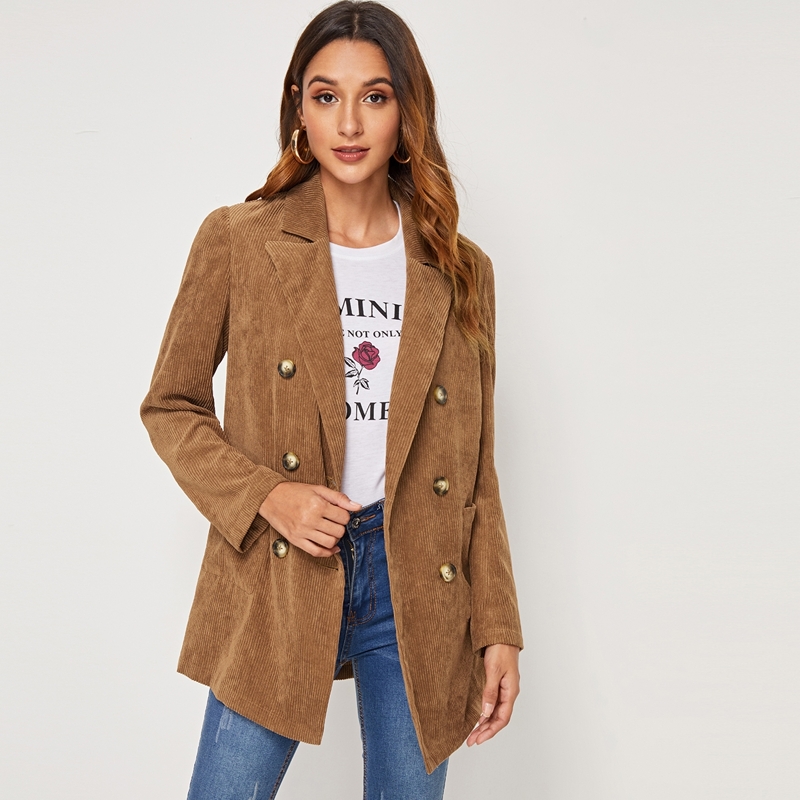 

Notched Collar Double Breasted Pocket Patched Cord Coat, Camel