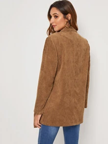 SHEIN Notched Collar Double Breasted Pocket Patched Cord Coat - Camel - View 2