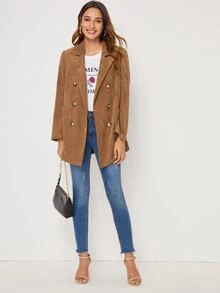 SHEIN Notched Collar Double Breasted Pocket Patched Cord Coat - Camel - View 4