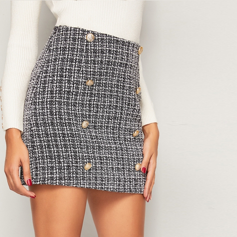

Double Breasted Tweed Skirt, Black and white
