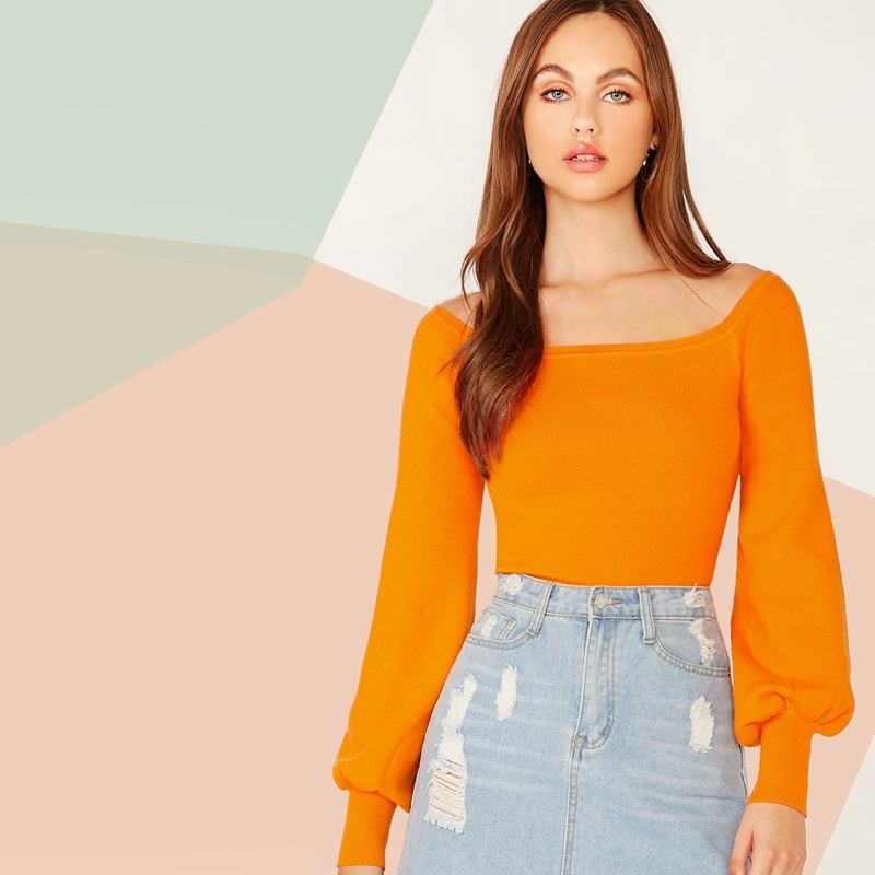 

Neon Orange Off Shoulder Crop Sweater, Orange bright