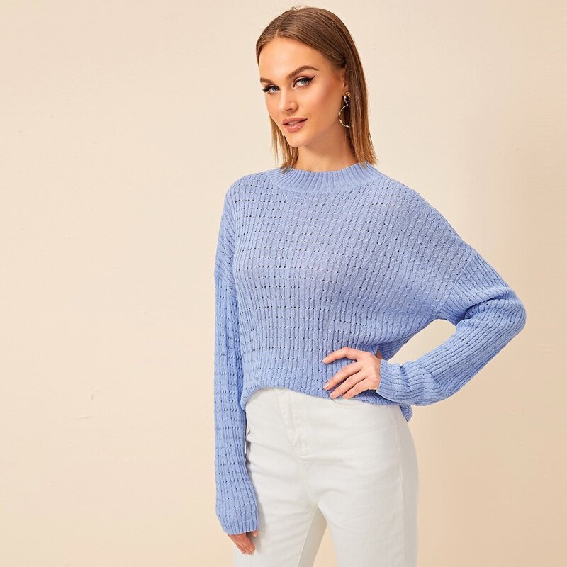 

Drop Shoulder Pointelle Knit Sweater, Blue pastel