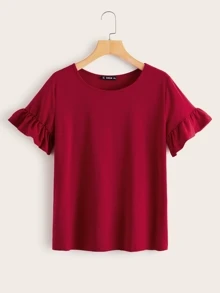 SHEIN LUNE 荷葉邊袖素色t恤 - 玫瑰紅 - 查看 1