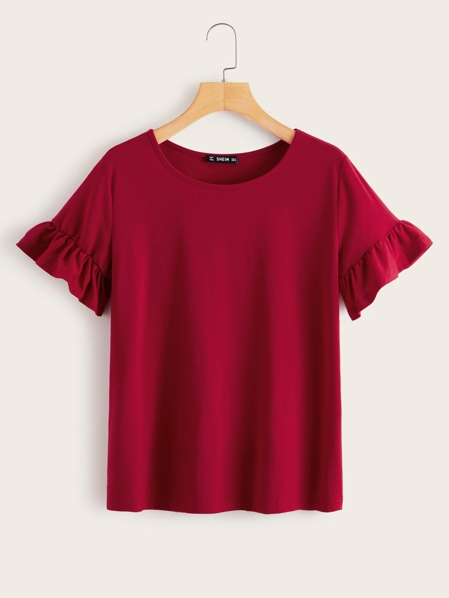 SHEIN LUNE 荷葉邊袖素色t恤 - 玫瑰紅 - 查看 1