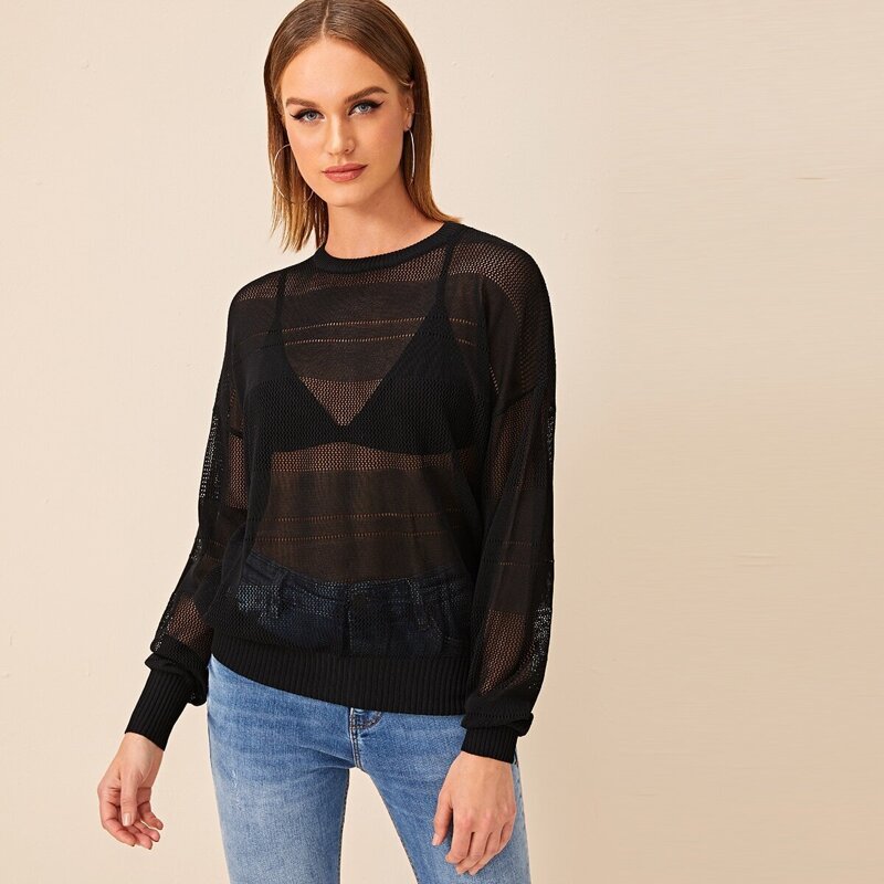 

Solid Loose Knit Sheer Sweater Without Bra, Black