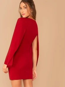 SHEIN Solid Cloak Sleeve Bodycon Dress Without Belt - Burgundy - View 2
