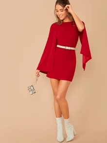 SHEIN Solid Cloak Sleeve Bodycon Dress Without Belt - Burgundy - View 5