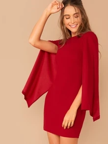SHEIN Solid Cloak Sleeve Bodycon Dress Without Belt - Burgundy - View 3