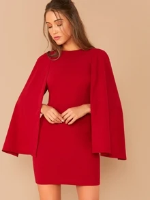 SHEIN Solid Cloak Sleeve Bodycon Dress Without Belt - Burgundy - View 1