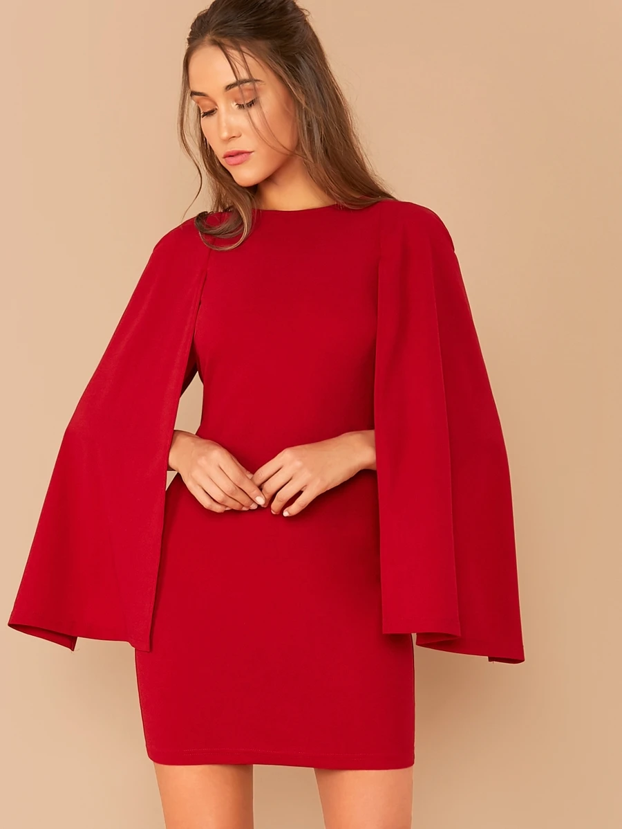 SHEIN Solid Cloak Sleeve Bodycon Dress Without Belt - Burgundy - View 1