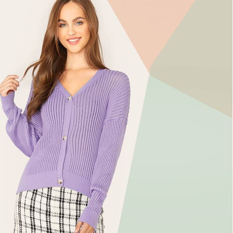 

Buttoned Placket Drop Shoulder Cardigan, Purple
