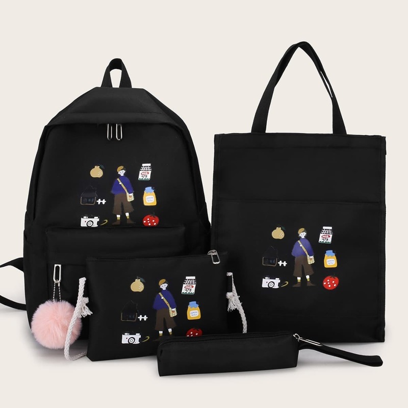 

Pom Pom Decor Cartoon Print Backpack 4pcs, Black