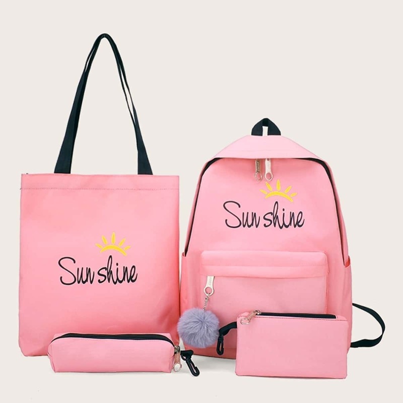 

Letter Print Pom Pom Decor Backpack With Clutch 4pcs, Pink