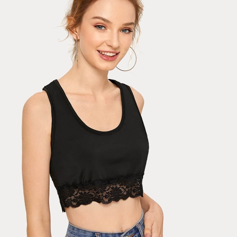 

Contrast Lace Hem Racer Back Crop Tank Top, Black